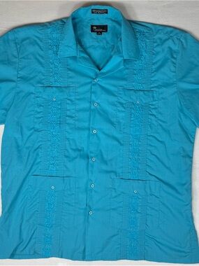 Omega Men's Embroidered Guayabera Shirt in Turquoise